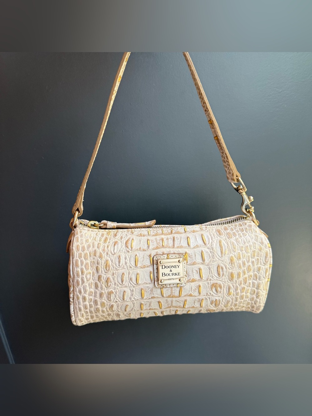 Dooney & Bourke Nile Croc Embossed Leather Mini Barrel
Shoulder Bag Cream/Gold